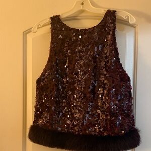 Elegant maroon Sequin Tank Top with Faux Fur Hem